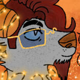 drawn image cropped of the head of a anthropomorphic goat/fursona. He has grey fur with red hair, blue eyes, orange nose/ears/horns and gold glasses